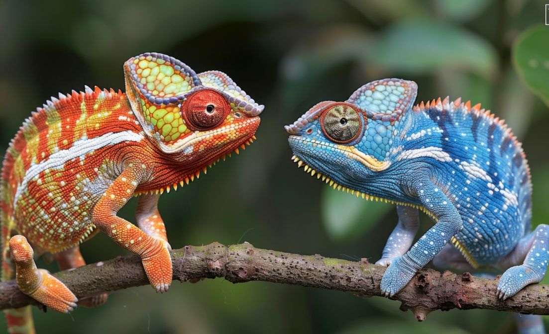 Zwei farbenfrohe Chamäleons, eines in leuchtendem Orange und das andere in Blau, die sich auf einem Ast gegenüberstehen.