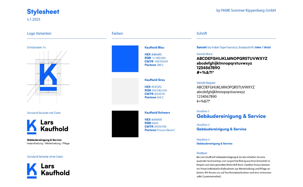 Ein Styleguide mit Logo-Varianten, Farbschemata und Schriftauswahl für die Marke Lars Kaufhold Gebäudereinigung & Service.